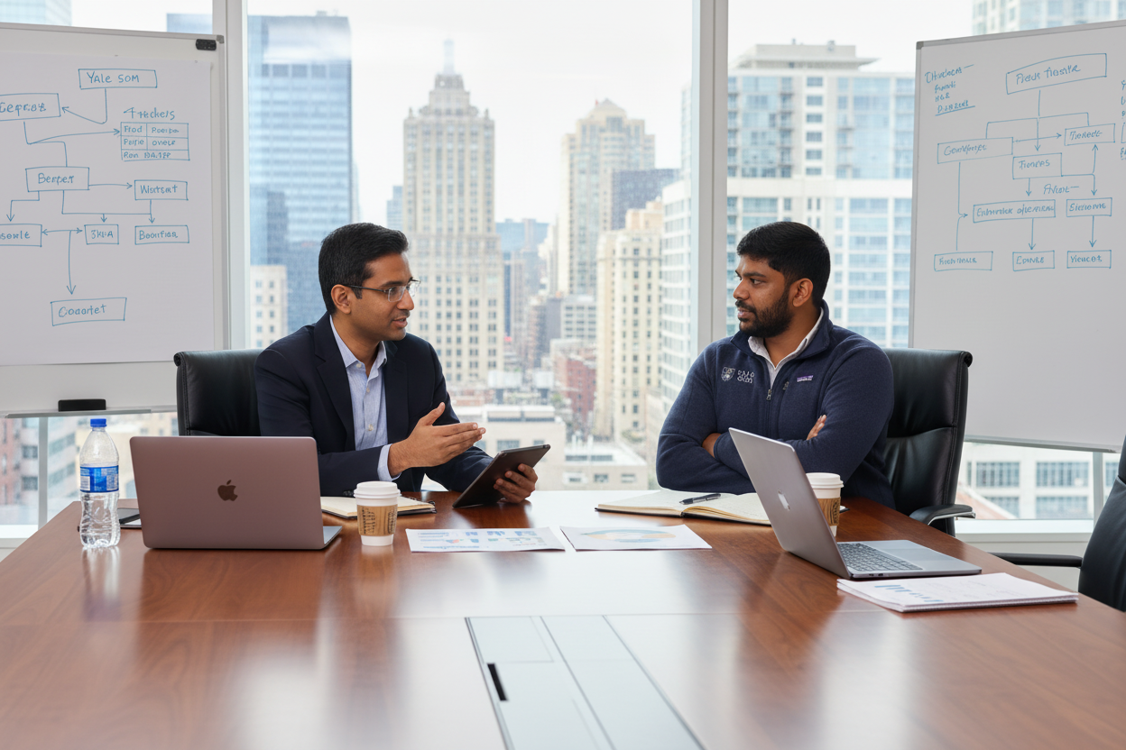 Strategy working session in a Manhattan boardroom — whiteboard mapping, operating-model diagrams, and real-time decision architecture.