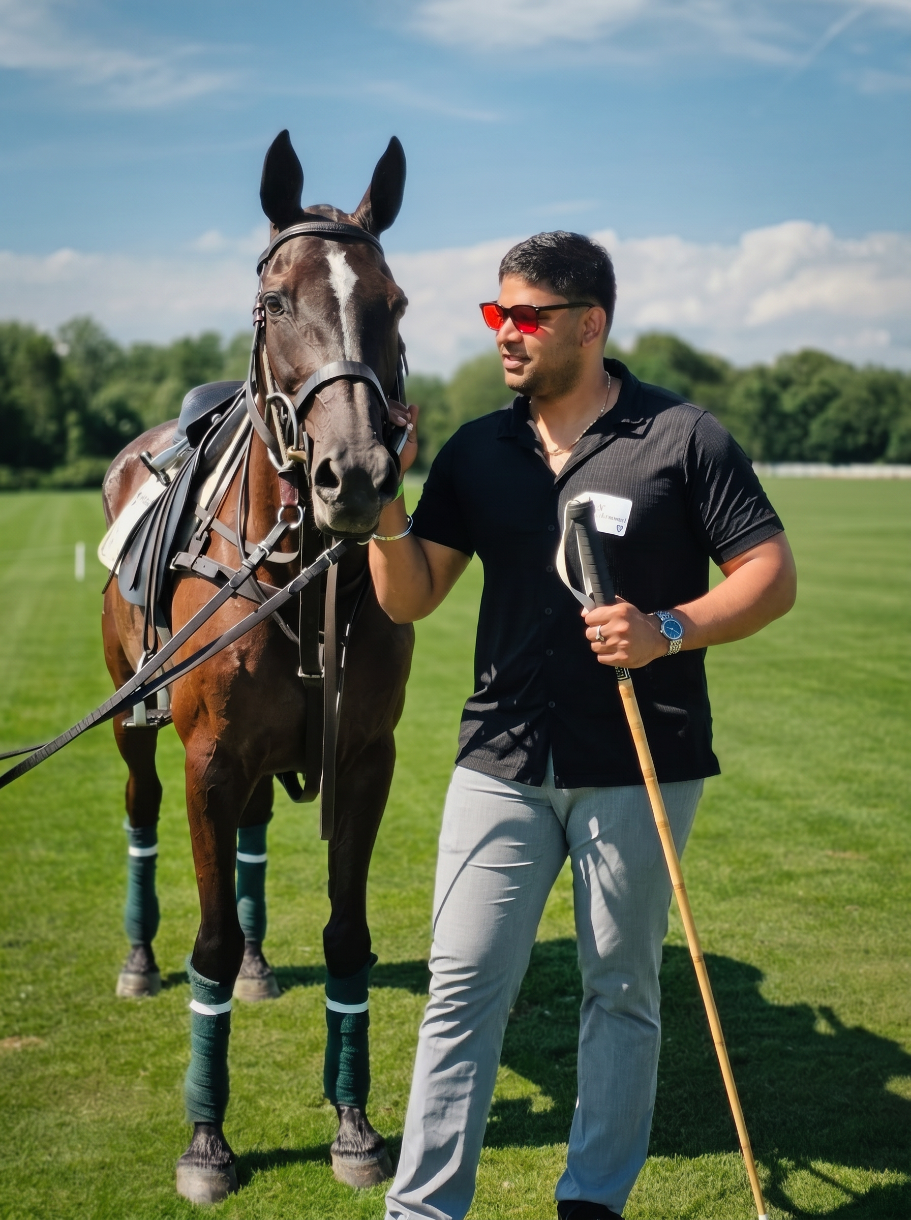 Vik Guttikonda walking off the field with his polo pony — Greenwich Polo Club.