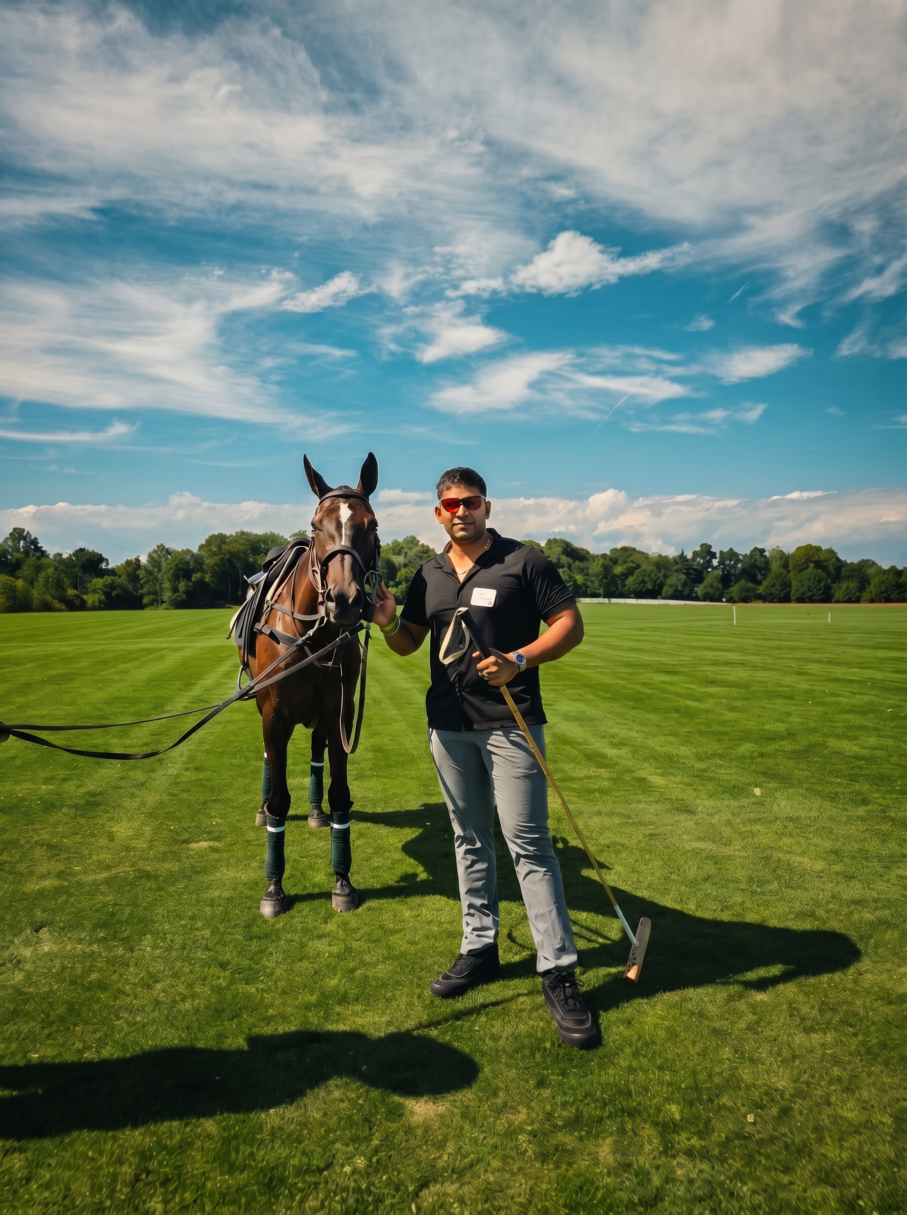 Vik Guttikonda on the polo field with his pony — Greenwich Polo Club, summer 2026.