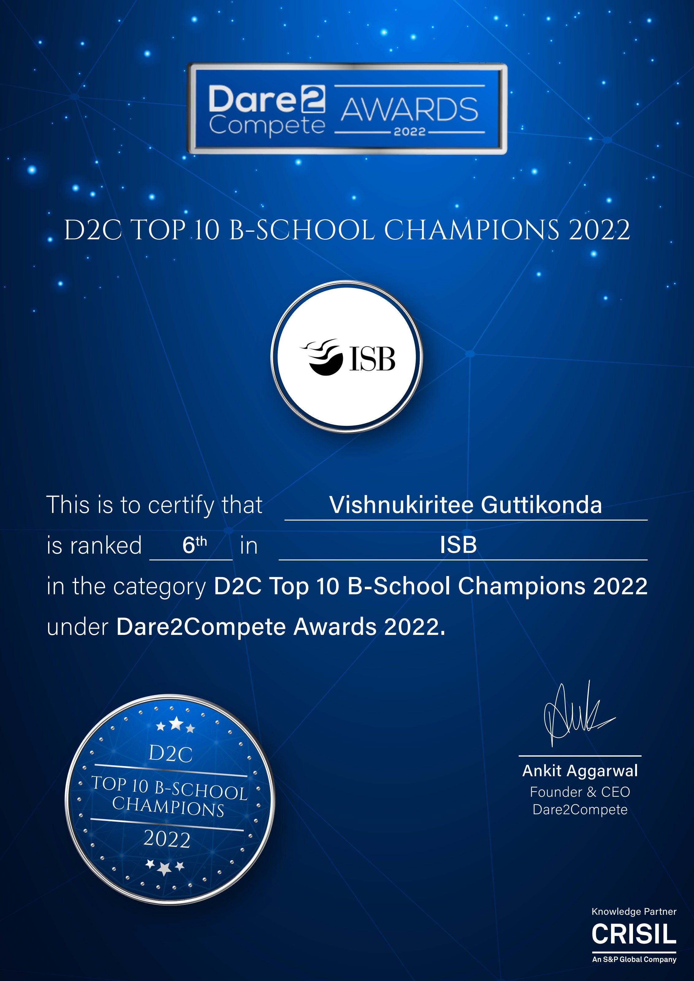 Dare2Compete Awards 2022 — Ranked 6th at ISB, D2C Top 10 B-School Champions