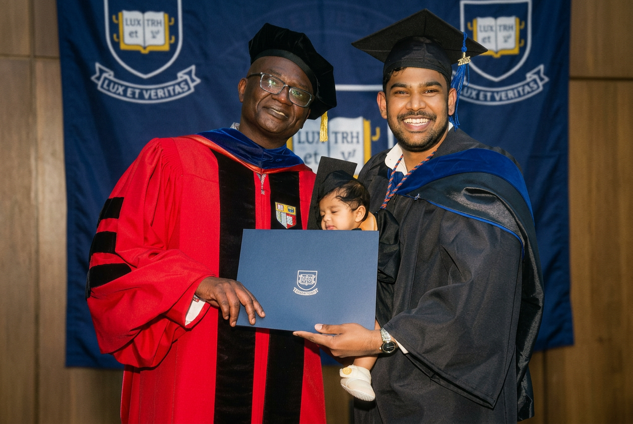 Vik Guttikonda with Yale School of Management Dean Charles at commencement