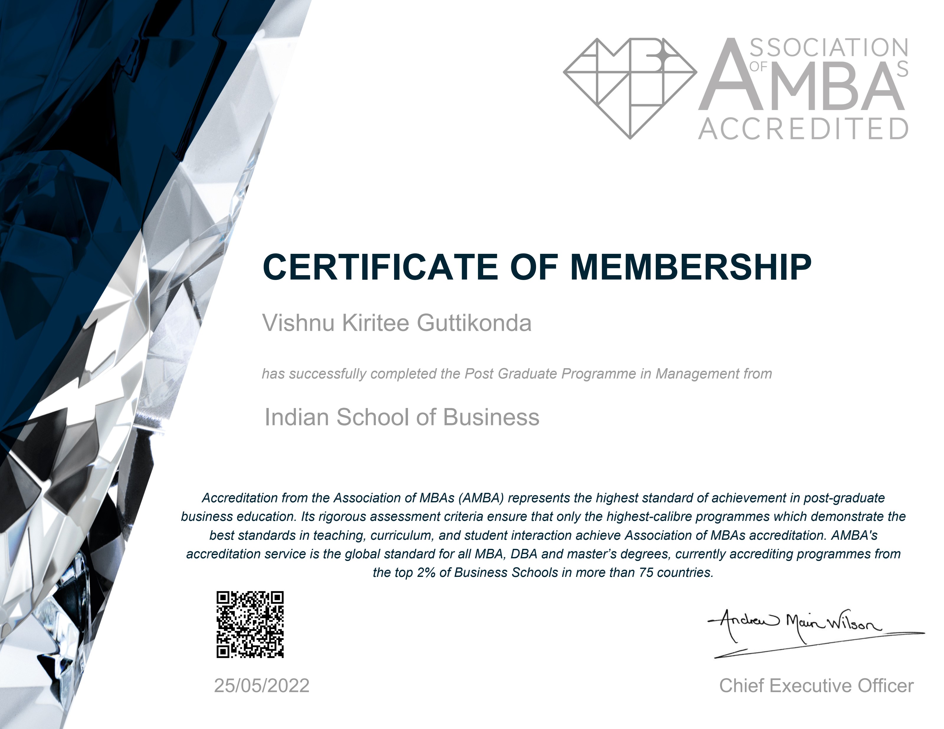 ISB Post Graduate Programme — AMBA Certificate of Membership, Vishnu Kiritee Guttikonda, 2022